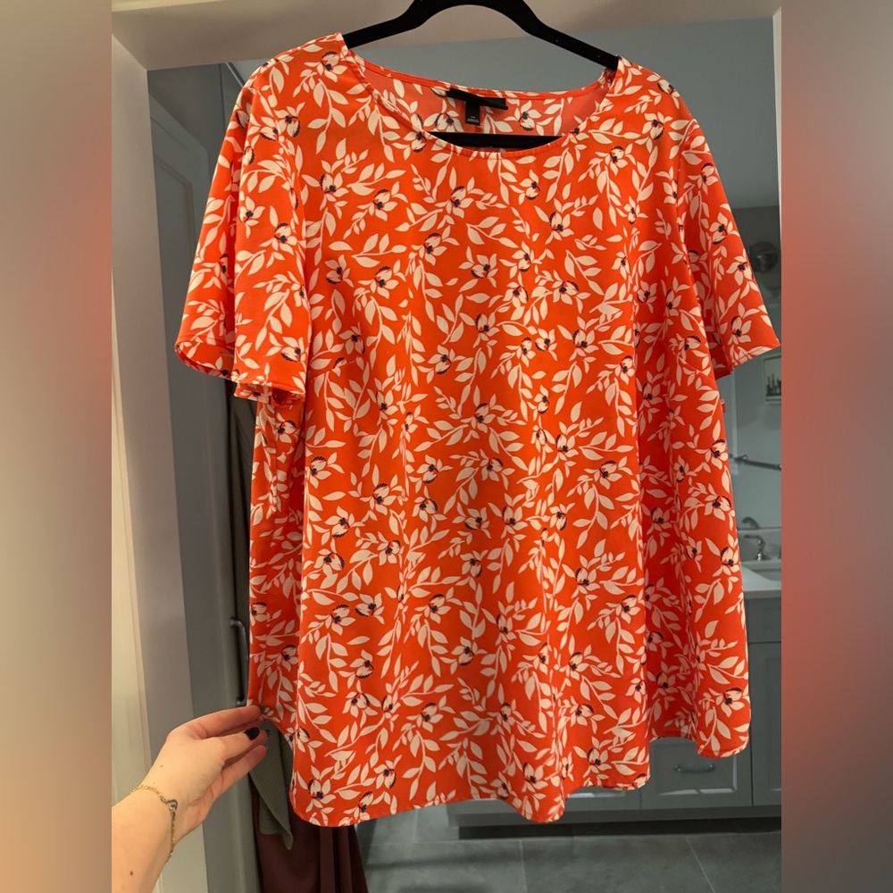 Lane Bryant Orange and White Leaf Print Blouse